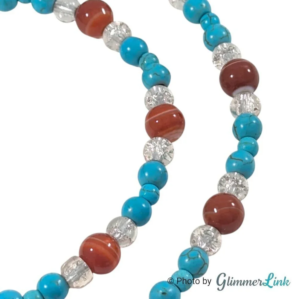 Teal Blue & Burnt Orange Gemstone Glass Beaded Silver Tone Necklace